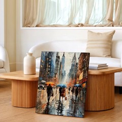 Wall Art Rainy City Street Painting Umbrella Figures Urban Skyline Canvas Poster