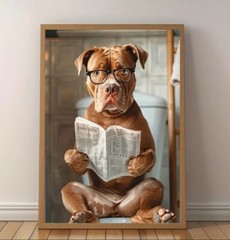 12″x16″ Pitbull Glasses Newspaper Toilet Funny Canvas Bathroom Poster *No Frame