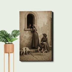Sepia vintage photo style Poster Print, two figure scene antique look artwork