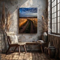 Serene Landscape Depicting Golden Wheat Fields Under A Dramatic Sky Wall Art