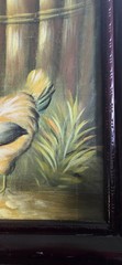 Vtg Rooster Chickens Farm Life Oil Painting on Canvas Frame 30X20.5″ Art 25X16″