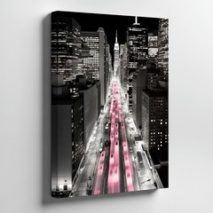 Black And White Cityscape Canvas Wall Art With Pink Light Trails Urban Print