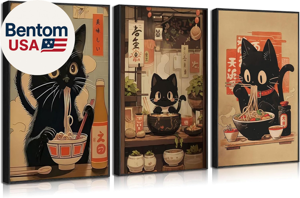 3Pcs Japanese Black Cat Canvas Wall Art Vintage Cat Eating Ramen Posters Prints