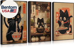 3Pcs Japanese Black Cat Canvas Wall Art Vintage Cat Eating Ramen Posters Prints