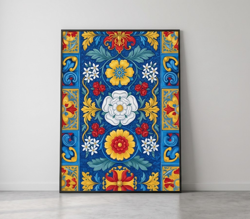 Floral Tile Pattern Wall Art, Italian Majolica Style Print, Home Decor Poster