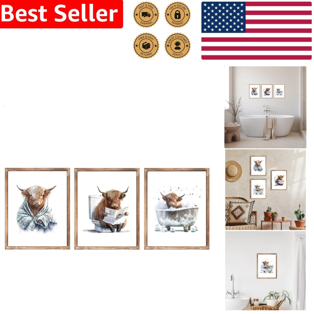Cute Highland Cow Art Prints, Funny Bathroom Canvas Wall Decor Rustic Farmhouse