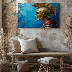 Warrior Woman Helmet Canvas Wall Art Ancient Spartan Girl Profile Painting Decor