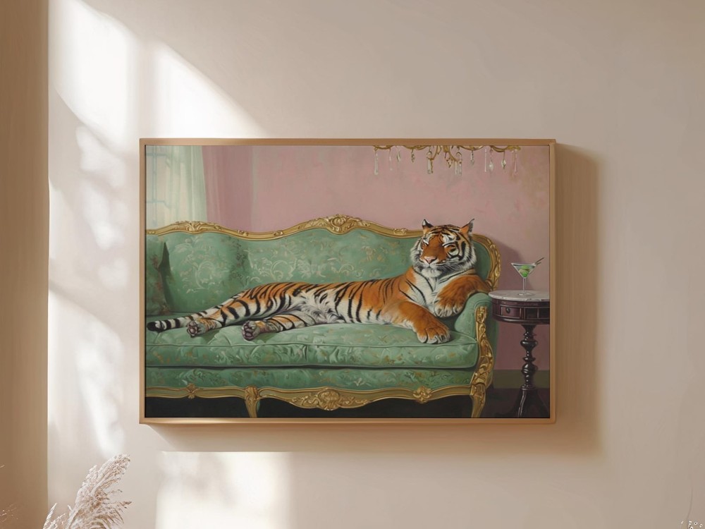 Lounging Tiger on Mint Green Sofa – Funny Regal Tiger Horizontal Art Print