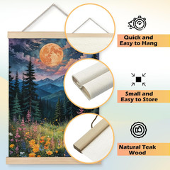 Boho Floral Moonlit Forest Mountain Wall Art Poster, Mountain Wall Decor, Waterc