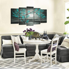 Teal Grey Plum Blossom Tree Canvas Art Set – 5 Piece Wall Decor, 60″x32