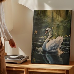 Elegant Swan Water Lilies Canvas Wall Art Nature Wildlife Painting Home Decor