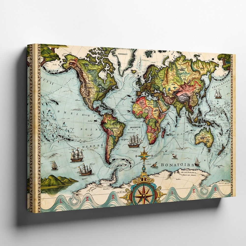 Vintage-style World Map Featuring North And South America, Illustrated Wall Art