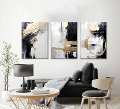 3pcs Framed Black White Gold Canvas Wall Art Abstract Geometric Textured Post…