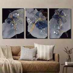 3pcs Blue Golden and Grey Botanical Flower Wall Art Canvas Unframed/Framed