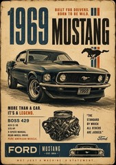 1969 Ford Mustang Boss 429 Poster Vintage American Muscle Car Wall Art Room