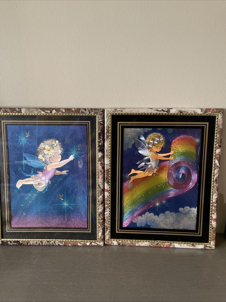 2 In Set Vintage Foil Art Fairy Pixie And Firefly Framed Picture Foil 10×8