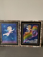 2 In Set Vintage Foil Art Fairy Pixie And Firefly Framed Picture Foil 10×8