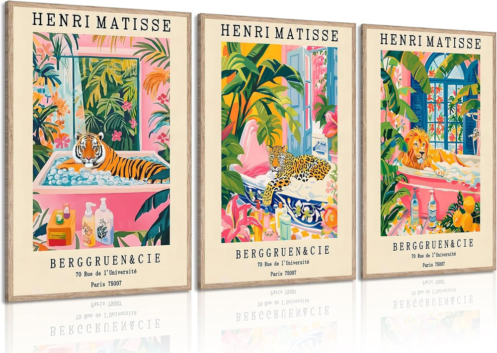 3Pc Vintage Henri Matisse Style Wall Art Tiger Lion Leopardin Bathtub Funny Anim