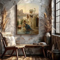 Wall Art Ancient Egyptian River Scene Women Baby Basket Classical Painting Decor