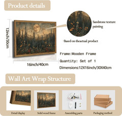 Vintage Nature Forest Wall Art Dark Moon Landscape Painting Wall Decor Woodland