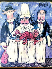 Joanna CHEF’S SPECIAL Lobster Dinner Signed Artwork Mounted on Burlap & Wood Art