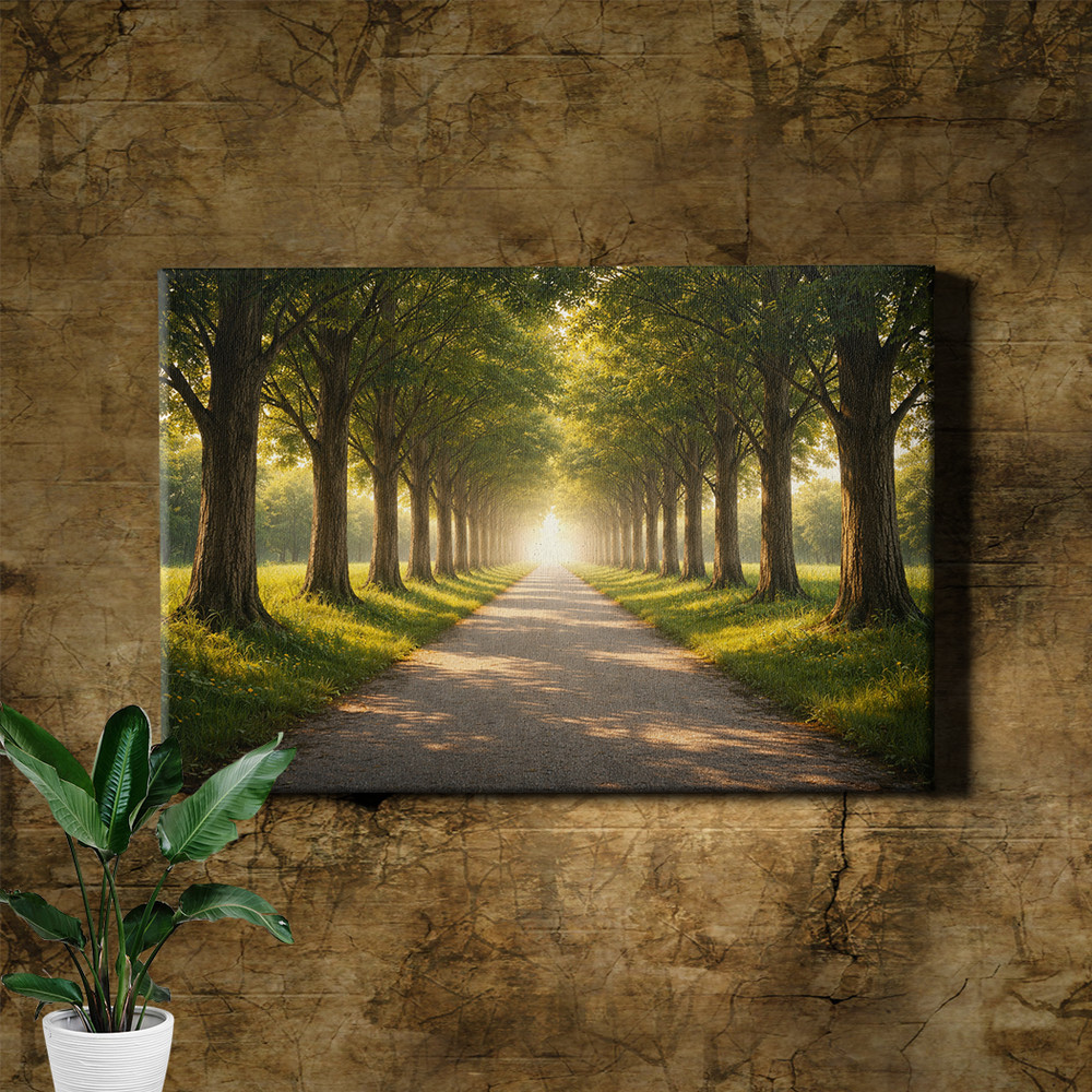 Forest Road Landscape Sunlight Filtering Wood Framed Canvas Art