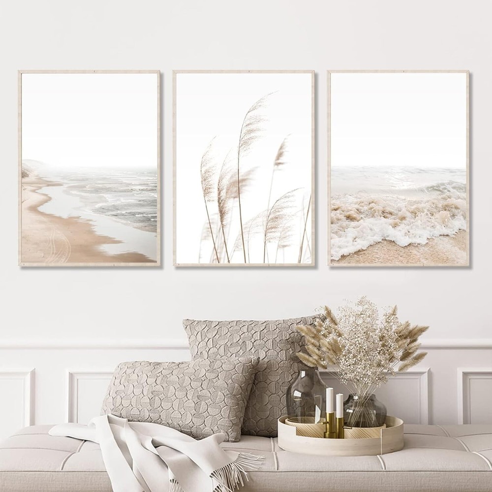 Beach Boho Prints Canvas UNFRAMED Wall Art Pampas Grass Ocean 16×24 in. Set of 3