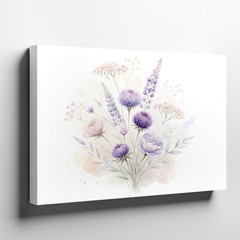 Delicate Purple Thistle and Lavender Floral Bouquet Watercolor Canvas Wall Art