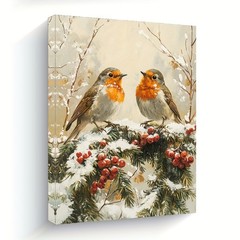 Winter Robin Birds with Berries Canvas Wall Art, Christmas Home Decor