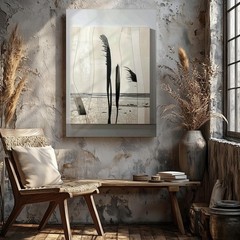 Modern Abstract Canvascurved Black Shapes On Cracked Beige Background Wall Art