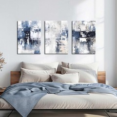 Abstract Blue and White Wall Art Set of 3, Modern Simple Navy Framed Canvas P…