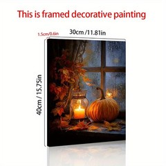 Framed Canvas Window Pumpkin Maple Leaf Candle Fall Autumn Wall Decor