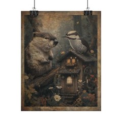 BEAVER WOODPECKER Woodworking Wall Art, Animal Friend Teamwork Botanical Poster