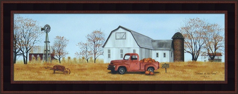 AUTUMN ON THE FARM by Billy Jacobs 12×28 Pumpkins Old Truck Barn Farm FRAMED ART