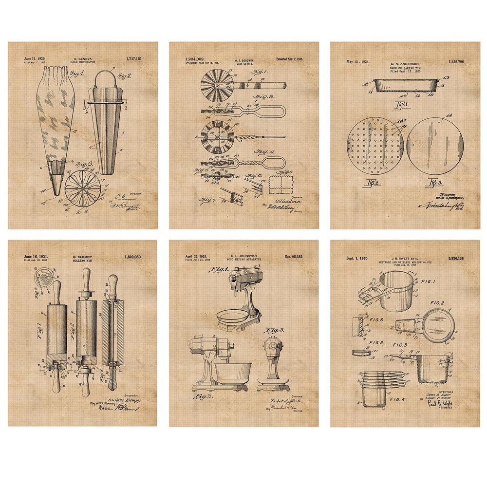 Baking Patent Prints, 6 (8×10) Unframed Photos, Wall Art Decor for Home Work …