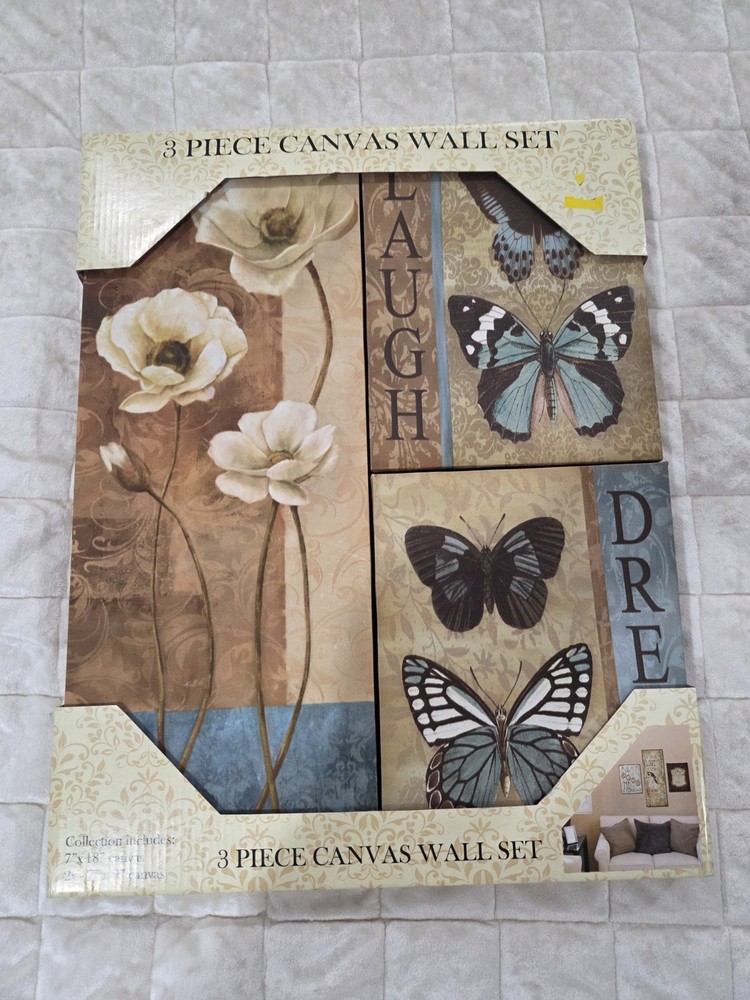3 Piece Canvas Wall Art Set Floral Butterfly Decorative Beige Blue for Any Room