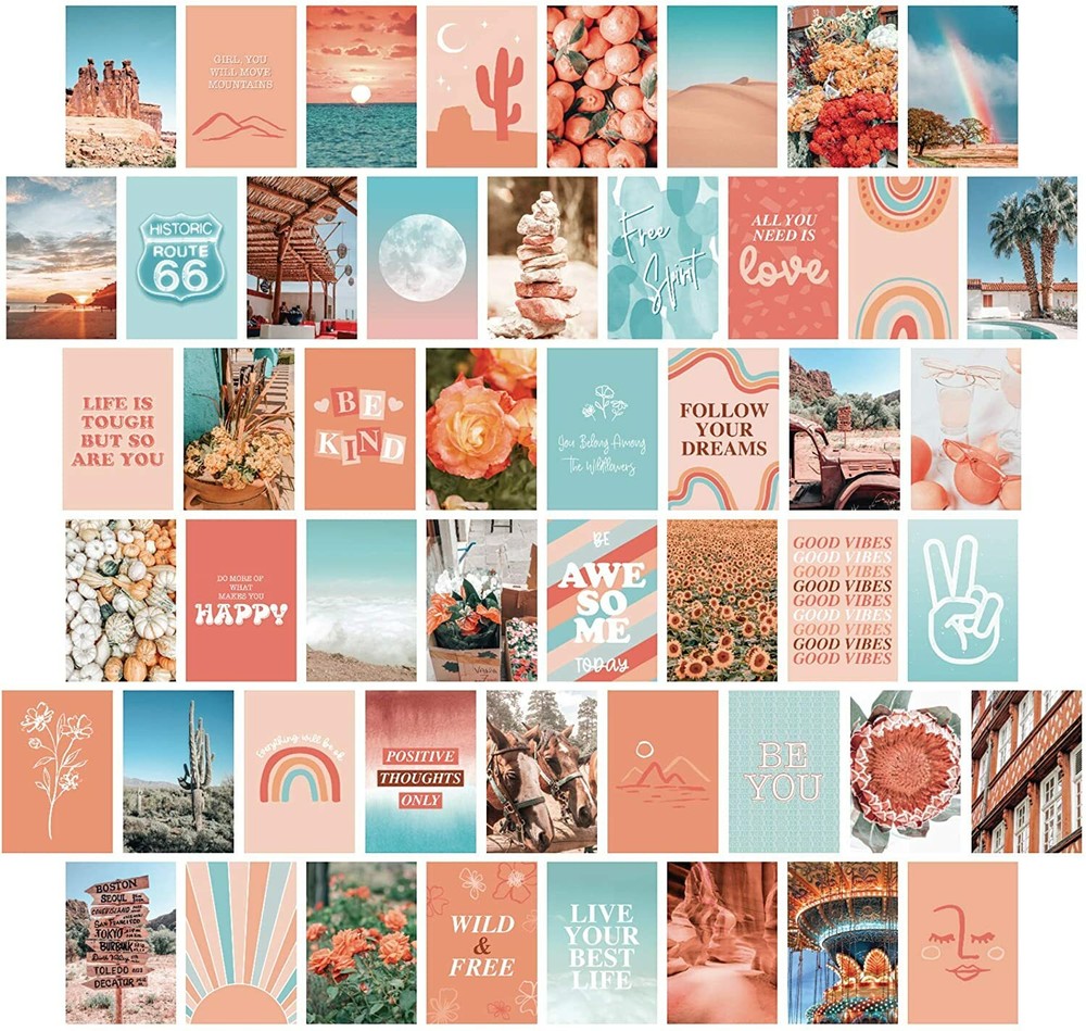 Artivo Peach Teal Aesthetic Wall Collage Kit, 50 Set 4×6 inch, Girls Bedroom