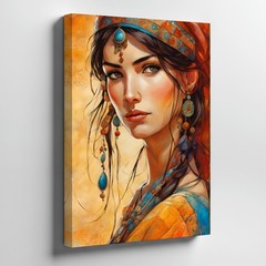 Boho Woman Portrait Canvas Wall Art Orange Turban Jewelry Print Decor Wall Home