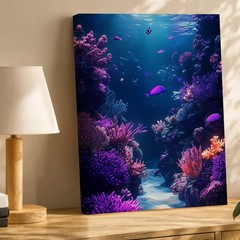 Underwater Coral Reef Canvas Wall Art Ocean Fish Purple Blue Marine Scene Print