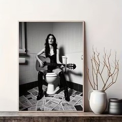 Elegant Woman Playing Guitar on Toilet Retro Poster Bathroom Wall Decor, Noframe