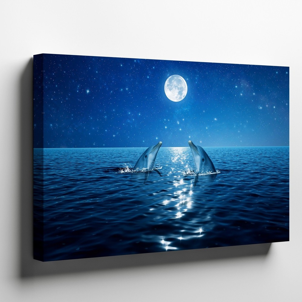 Serene Night Scene Featuring Two Dolphins Gracefully Emerging From The Wall Art