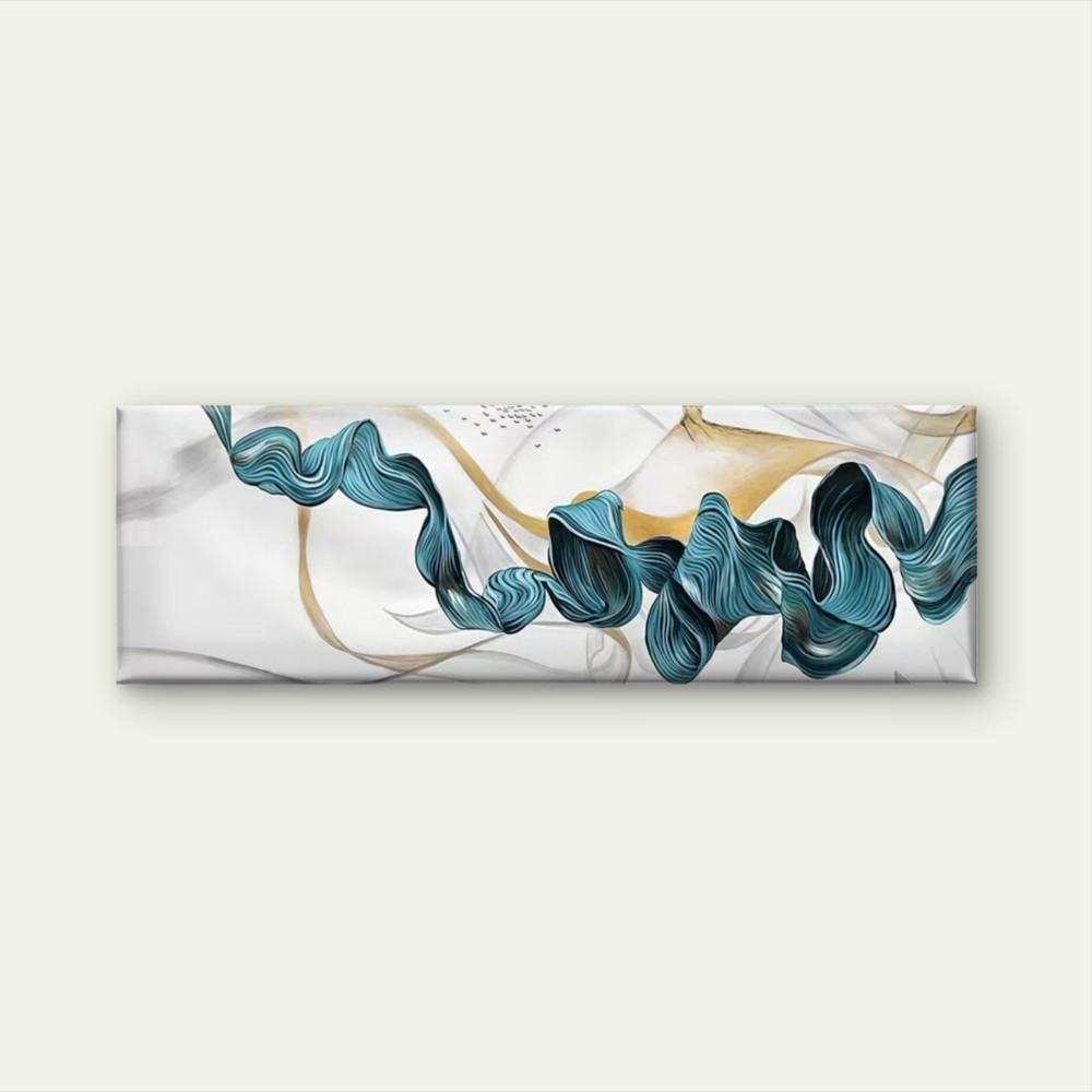 Panoramic Abstract Blue & Golden Flowing Ribbon Canvas Print Wall Art Home Decor