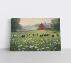 Red Barn Dairy Cows Farm Painting Print on Framed Canvas Wall Art Farmhouse