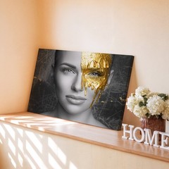 Modern Black and White Woman Portrait with Gold Paint Drip Abstract Canvas Art