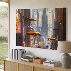 Futuristic Neon Cityscape Canvasflying Vehicles And Towering Skyscrapers Wall