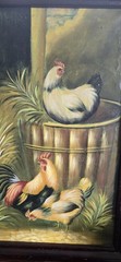 Vtg Rooster Chickens Farm Life Oil Painting on Canvas Frame 30X20.5″ Art 25X16″