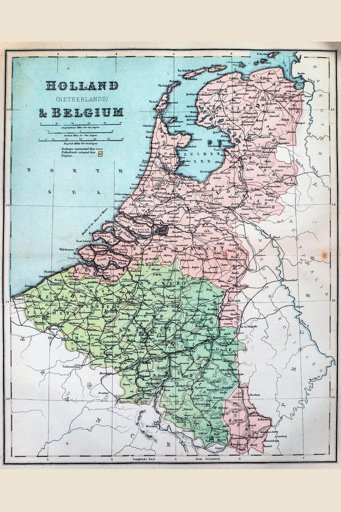 Holland and Belgium 19th Century Antique Style Map Travel World Map with Cities