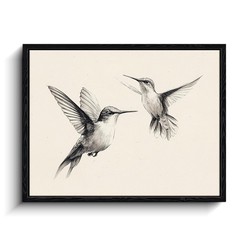 Hummingbird Wall Art, two hummingbirds sketch, minimalist wall decor, matte f…