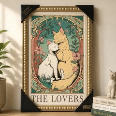 Sapna Shah Framed Wall Art Tarot Cats “The Lovers” Decor 18″ x 12″ Art Nouveau