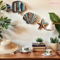 American Coastal Ocean Wood Set: Fish Scales Shells Starfish 3-Piece Wall Decor